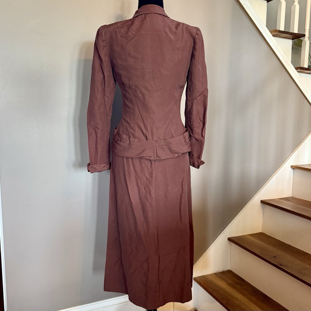 2pc VTG 40s MCM Brown Crepe Suit Rhinestone‎ Button Jacket A-Line Skirt Women S - Picture 3 of 16